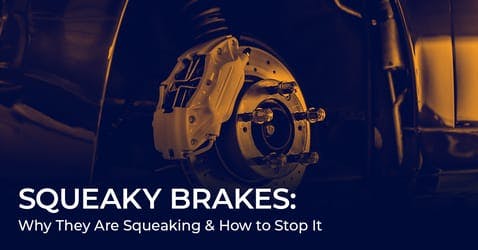 close-up of brake disc and calliper on car with wheel removed and squeaky brakes blog title on top