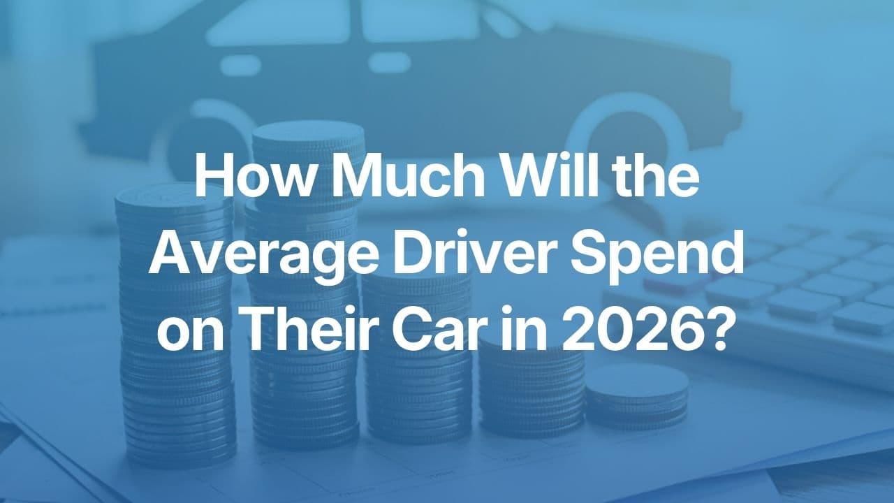 Calculator and stacks of pound coins on desk in front of car with article title overlayed