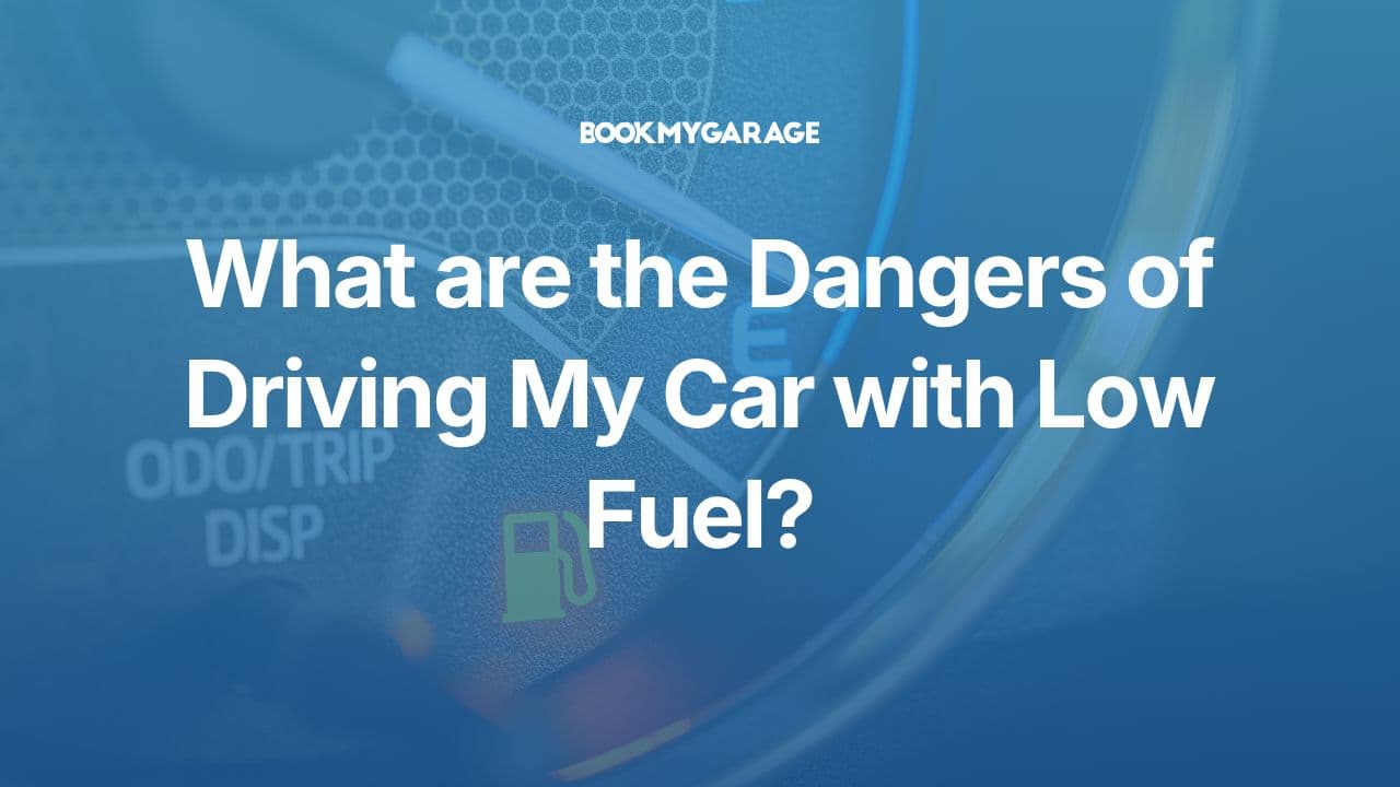 Illuminated low fuel warning light on car dashboard with article title overlayed