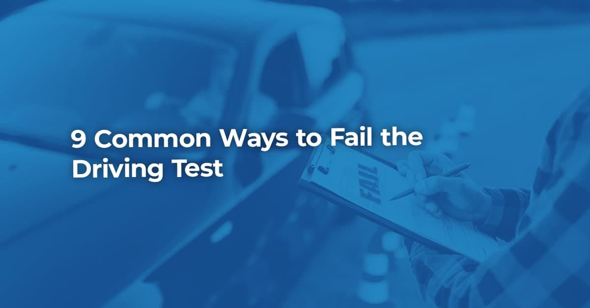 The article title over a driving test instructor failing the driver, in a blue overlay.