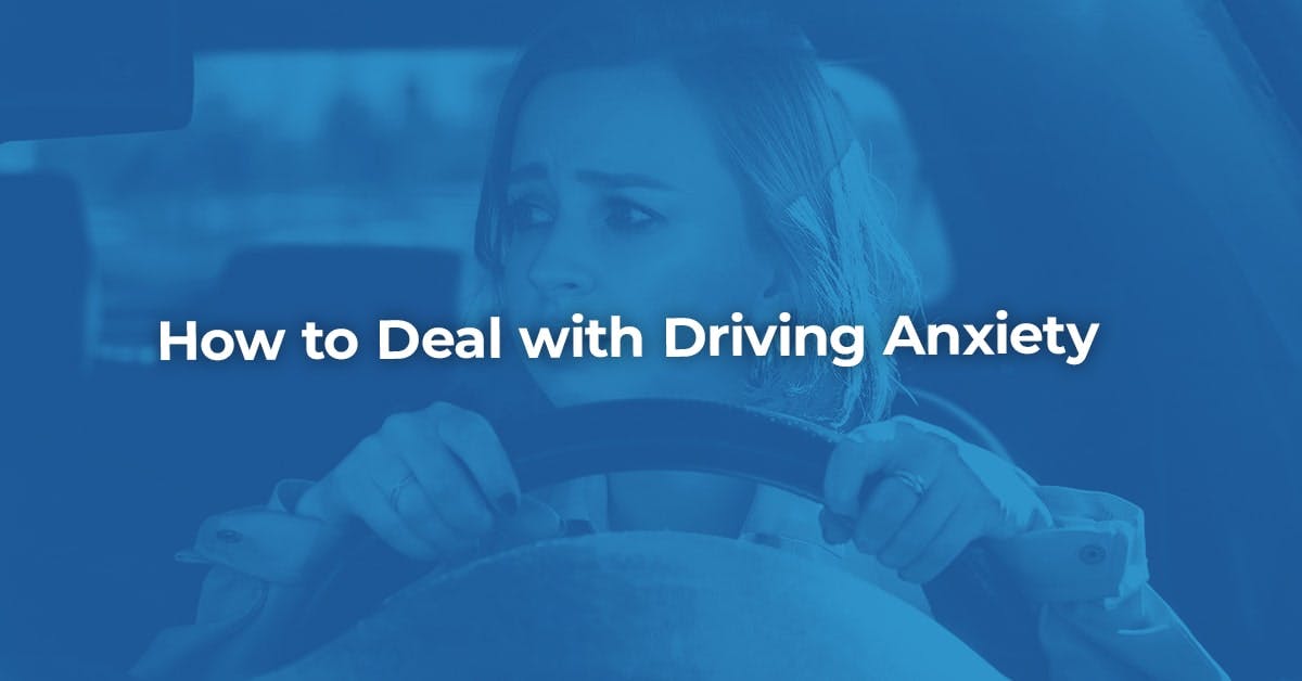 The article title over a nervous woman at the wheel of her car, dealing with driving anxiety.
