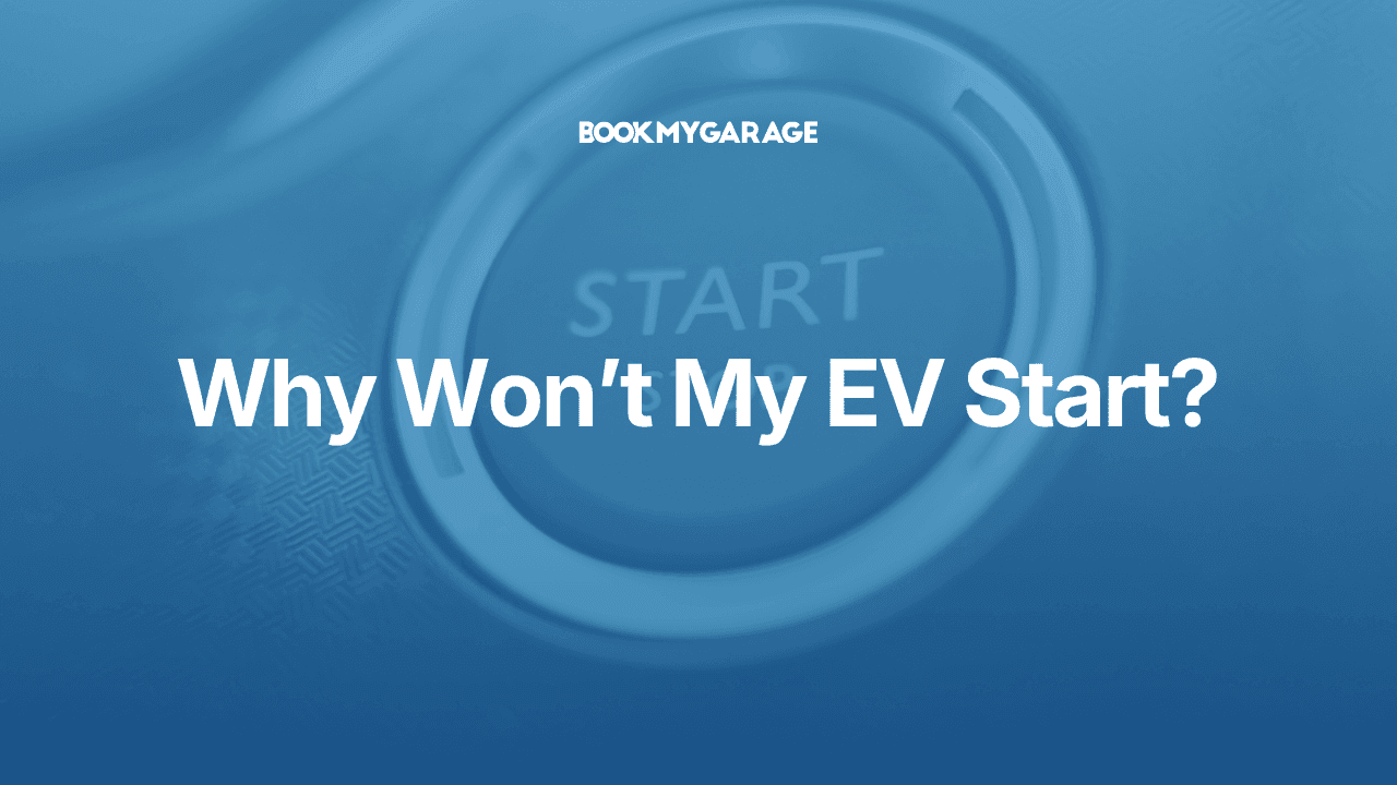 Close up of electric car stop start button with article title overlayed