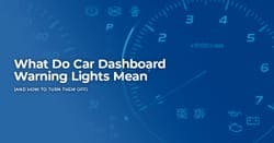 car dashboard with several warning lights illuminated and blog title and blue overlay on top