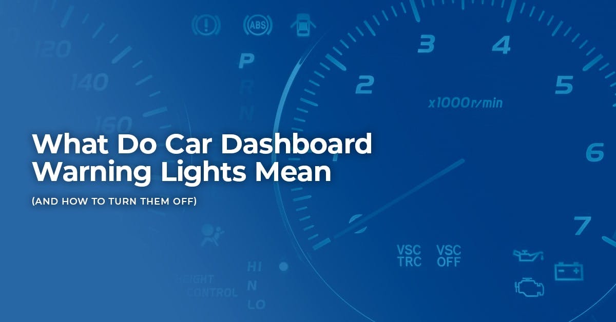 car dashboard with several warning lights illuminated and blog title and blue overlay on top