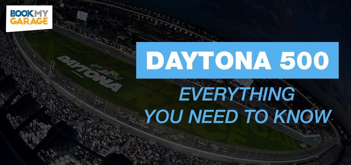 colour image of the Dayton 500 racetrack with BookMyGarage logo and blog title overlayed