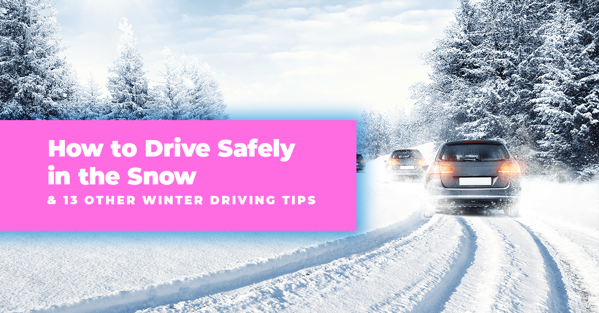 line of cars safely driving through heavy snowfall on road with blog title overlayed