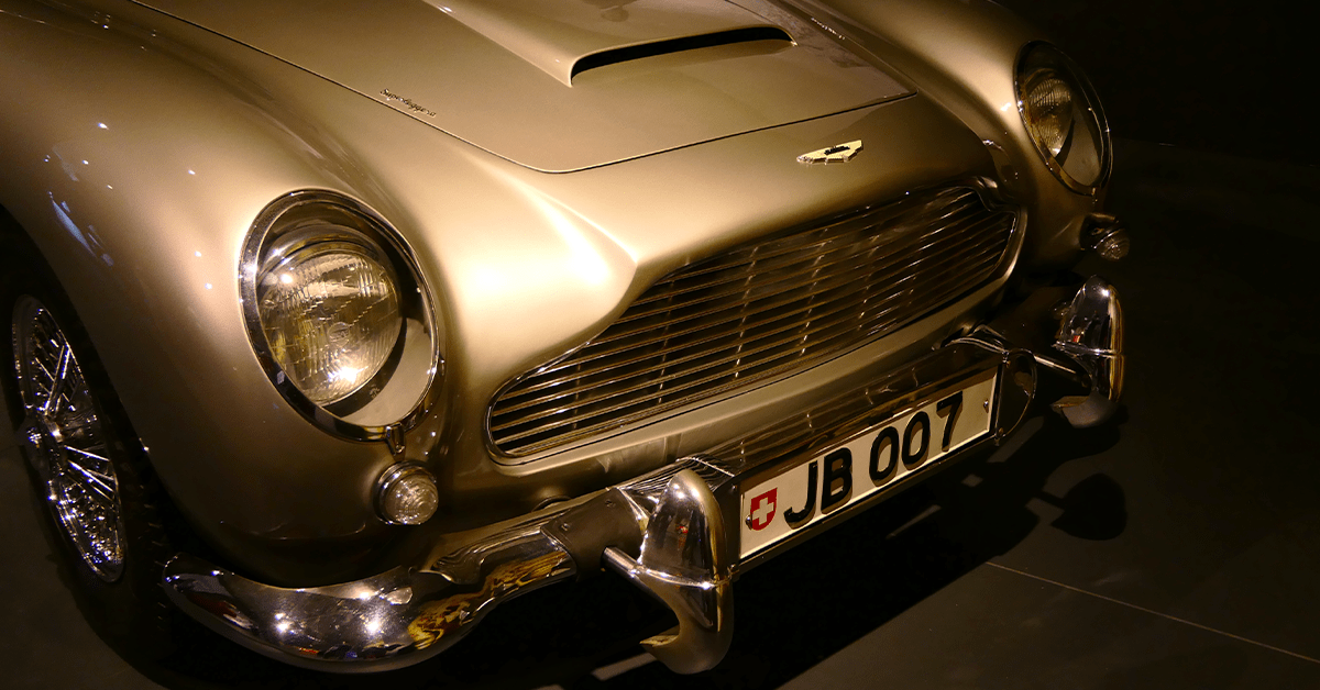 James Bond's iconic silver Aston Martin DB5, first featured in the film Goldfinger, 1964. 