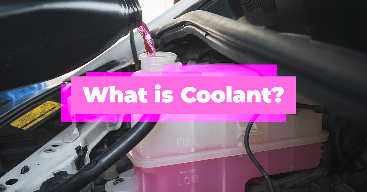 The article title in a pink box, on top of a pink liquid being poured into the coolant reservoir. 