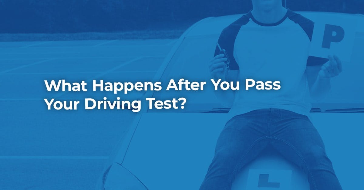 The article title over a person who has just passed their driving test, sitting on their car.