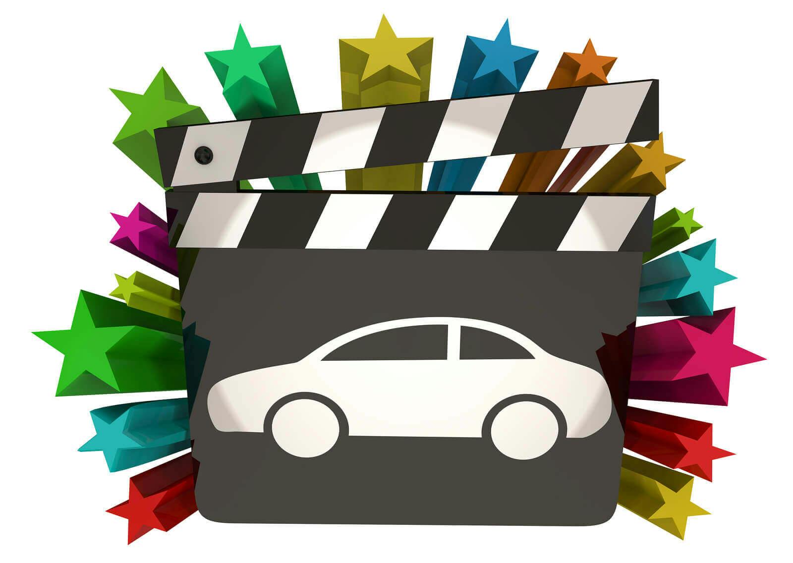 The article title over a movie and TV clapperboard with a car embossed on it, surrounded by stars.