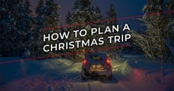 The title of the article, over a small car driving through a snowy forest on a Christmas trip. 