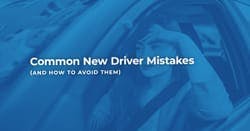 The article title over a female new driver looking apprehensive behind the wheel of her car.