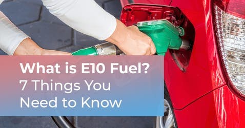 The article title beside a hand holding a petrol pump, filling up a car with E10 fuel. 