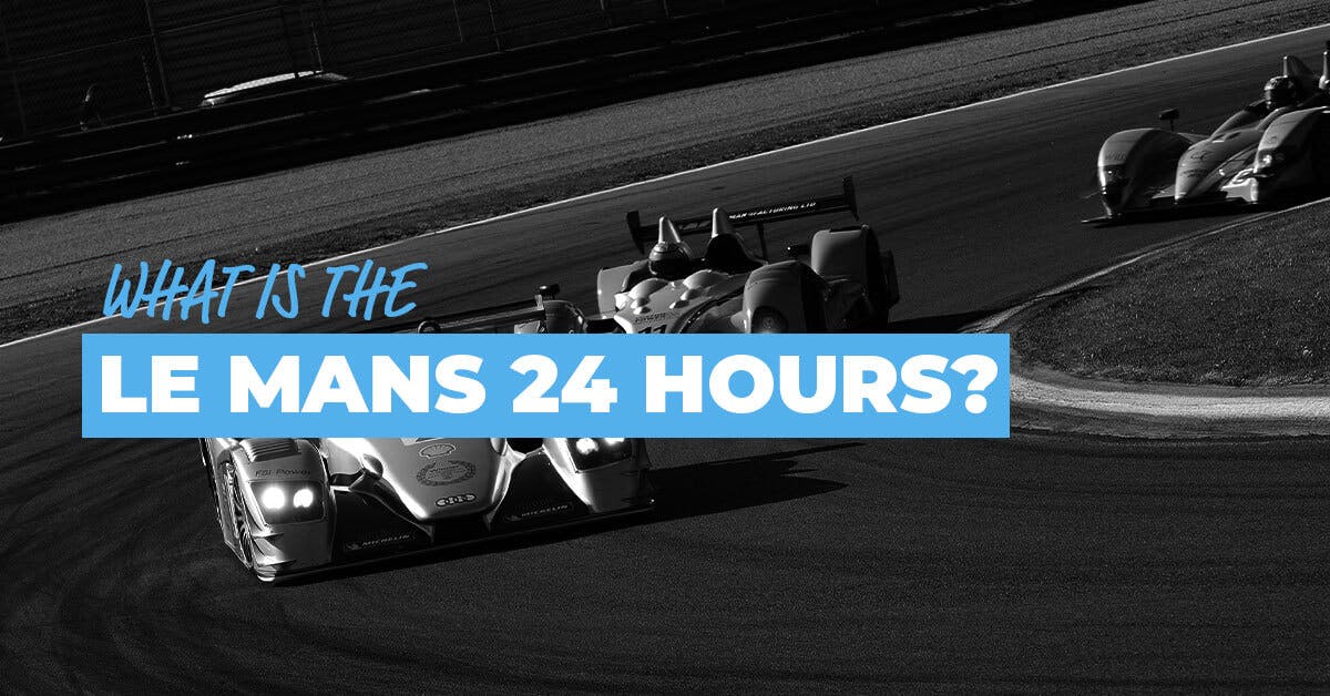 The article title over the top of race cars in black & white racing around the Le Mans 24 Hour track