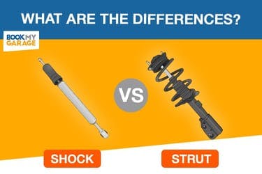 BookMyGarage branded infographic showing car strut next to a car shock on orange and blue background