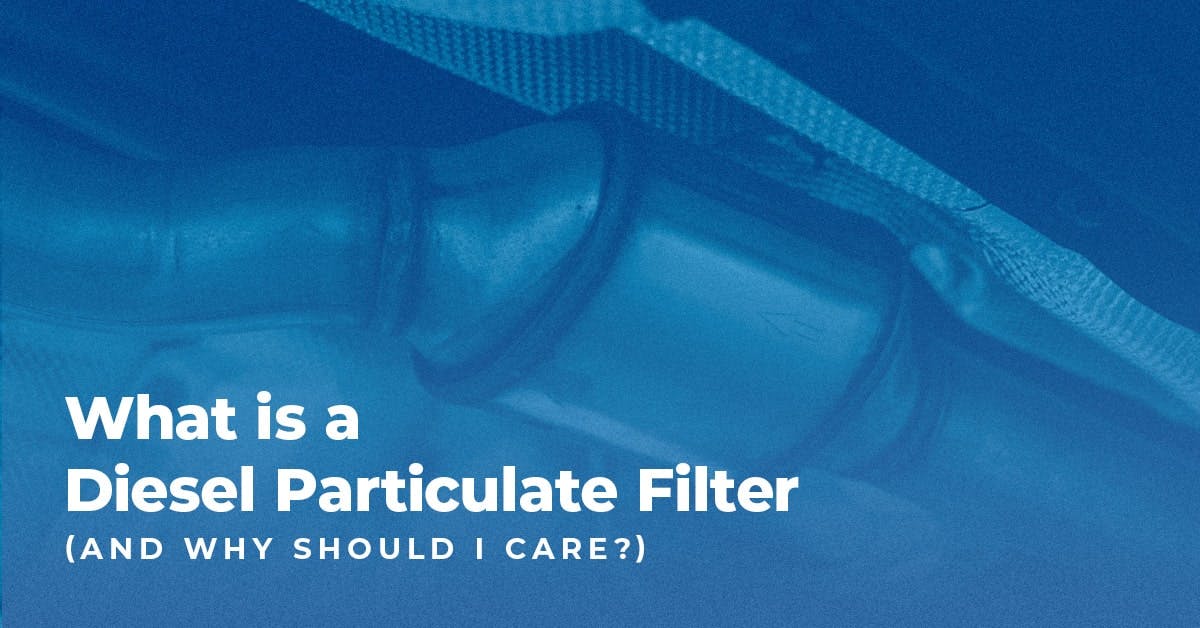 close-up image of diesel particulate filter with blog title and blue overlay on top