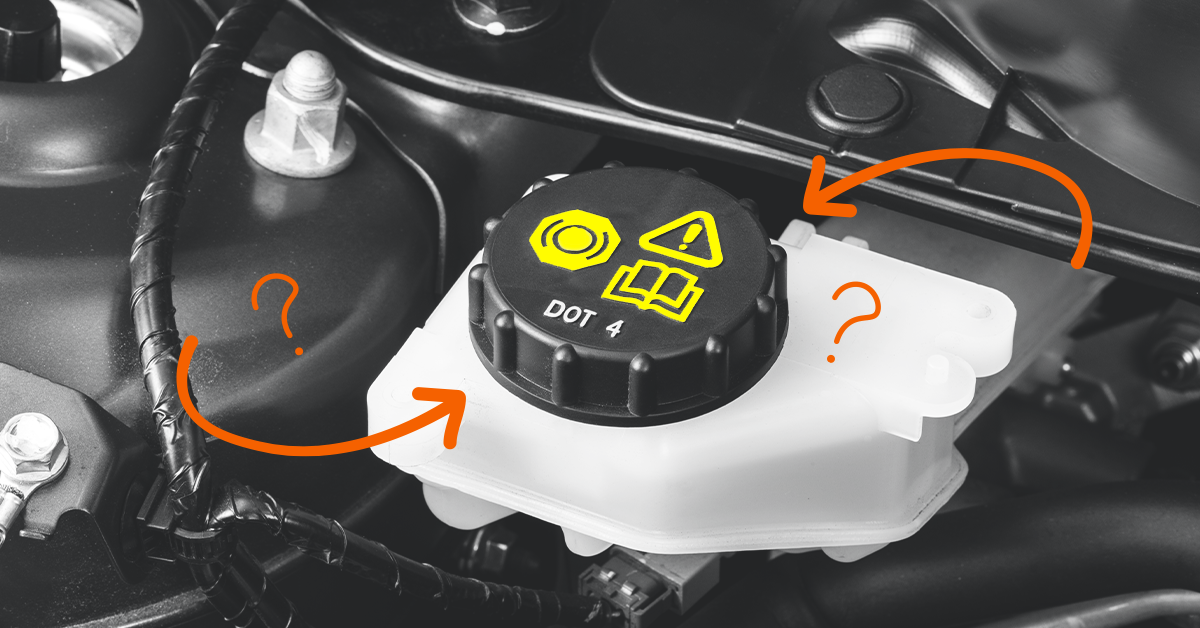 A brake fluid reservoir cap, annotated with orange arrows and question marks.