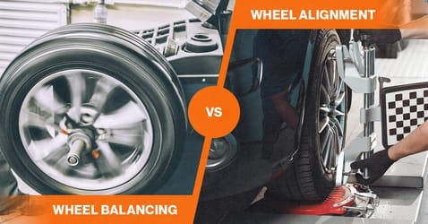 wheel balancing service next to technician completing a wheel alignment and blog title underneath.