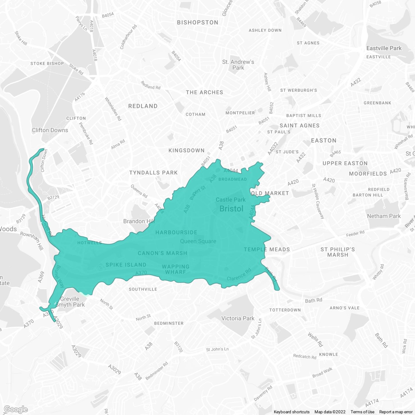 grey and blue map of Bristol city centre showing the Clean Air Zone