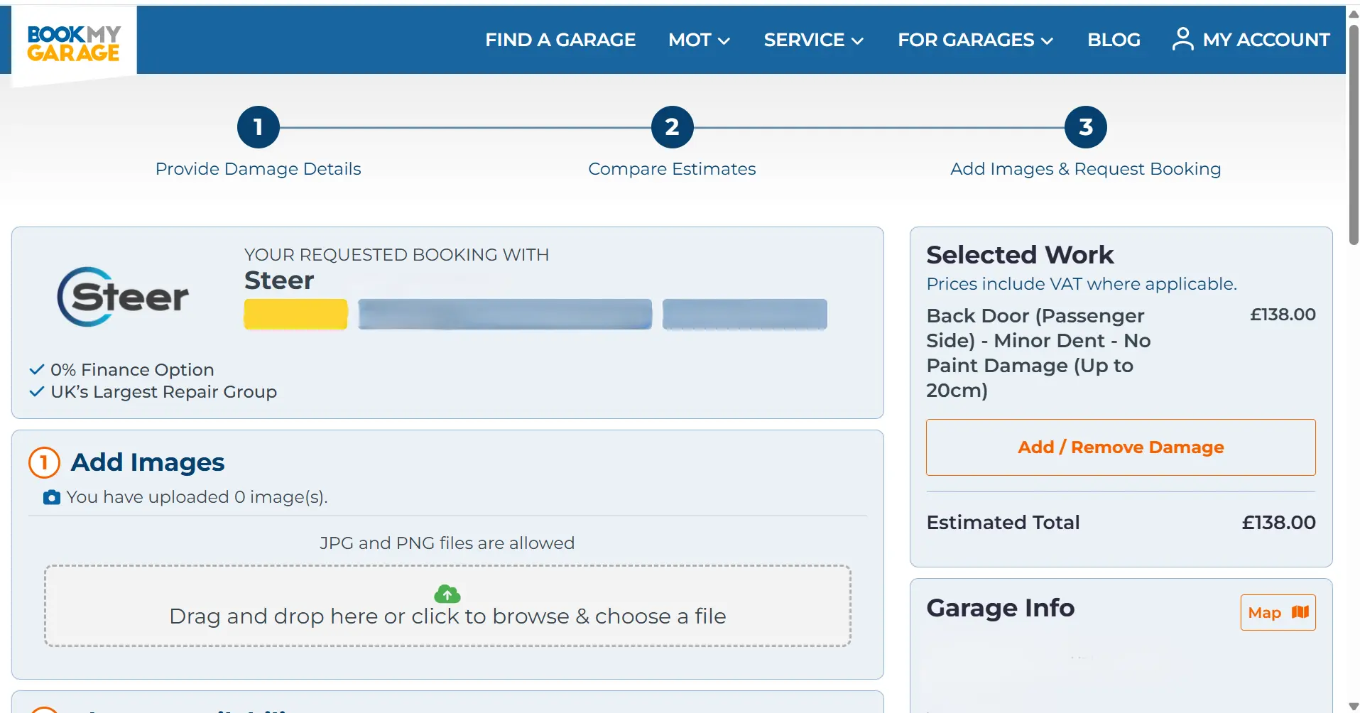 BookMyGarage checkout page showing a driver completing the booking process for their dent repair