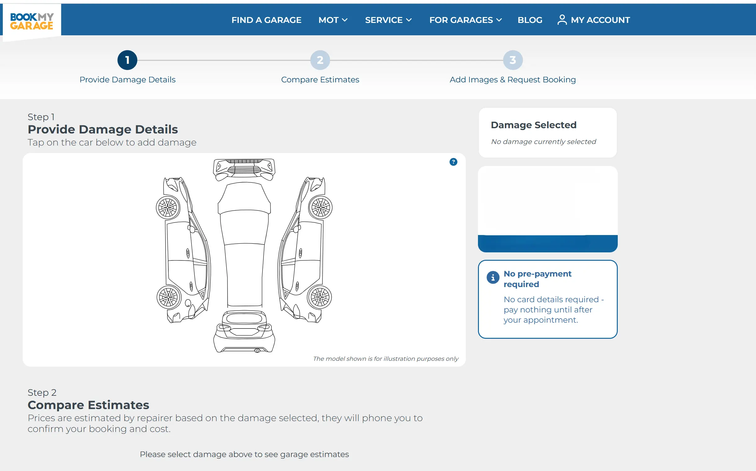 BookMyGarage splat tool of deconstructed car showing drivers how to select the damage for their SMART repair booking