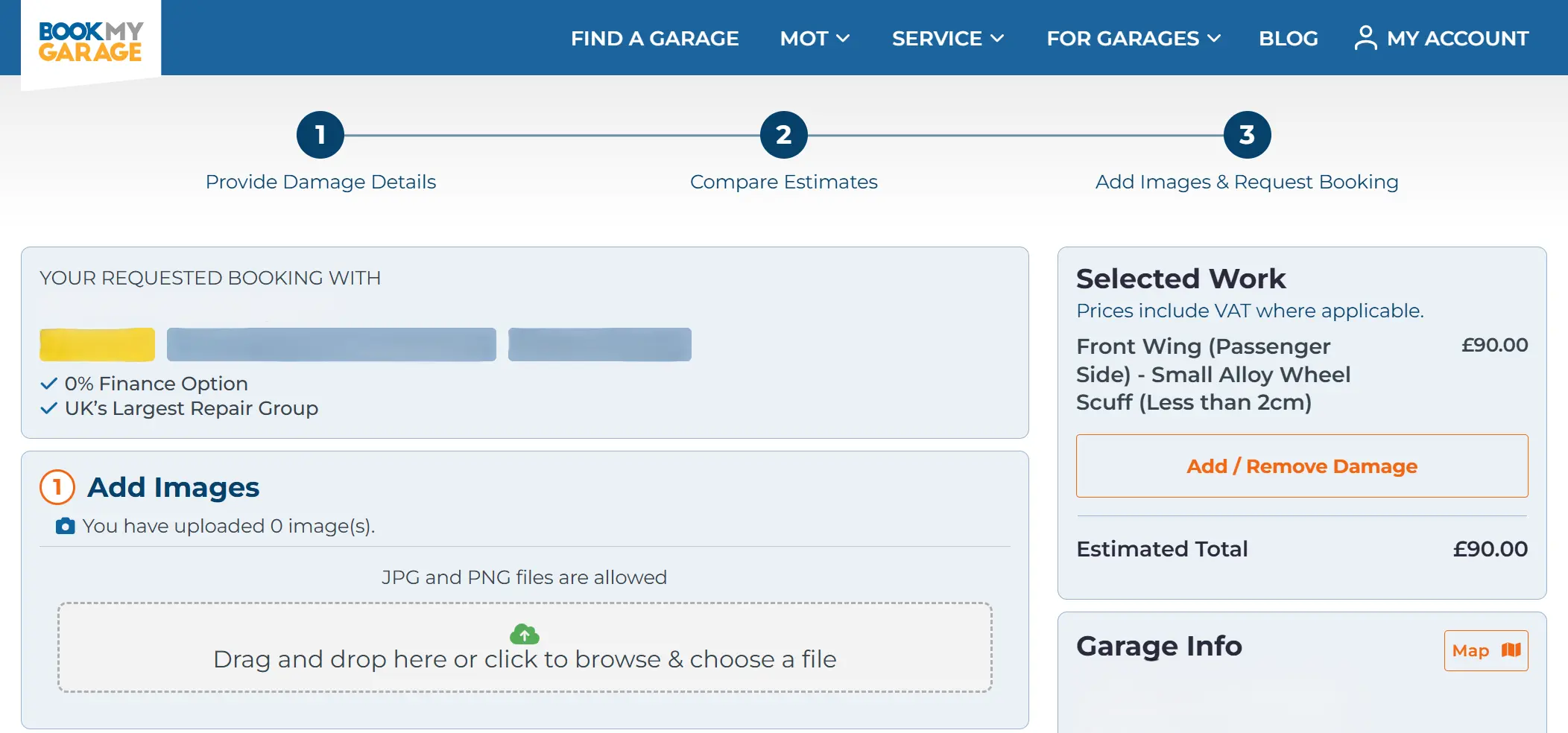 BookMyGarage checkout page showing a driver completing the booking process for their alloy wheel refurbishment