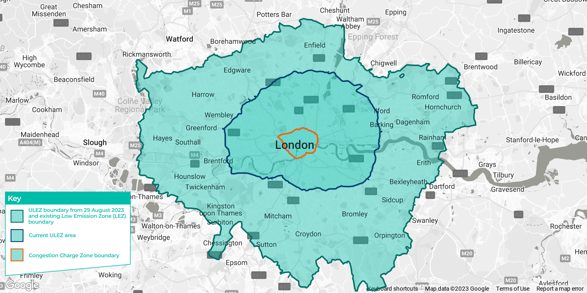 a map of the ULEZ, highlighting in blue the current zone, and where it will expand to. 