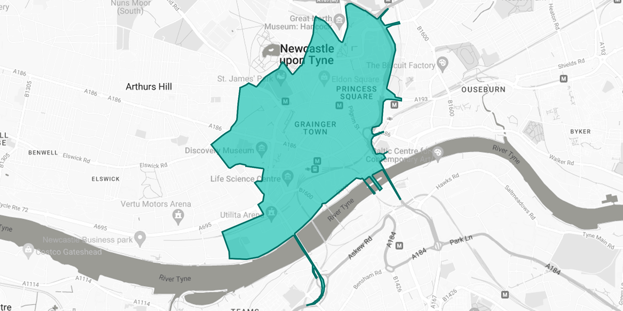 A map of the Newcastle Clean Air Zone, outlined in blue.