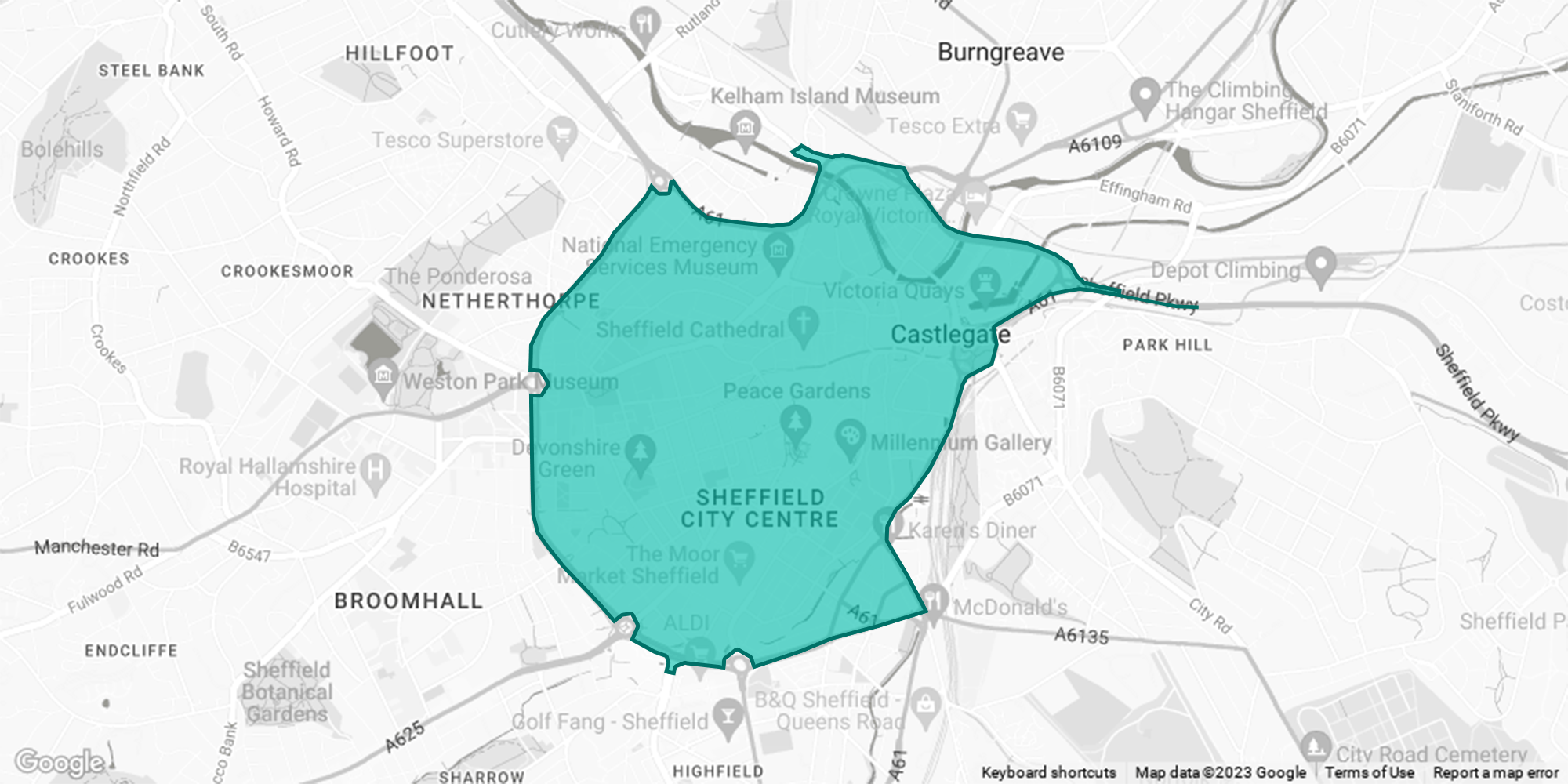 A map of the Sheffield Clean Air Zone; the zone is highlighted in blue.